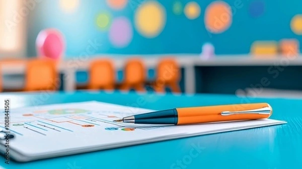 Obraz Effective school governance, close-up of a strategy document and pen on a table, classroom map in soft focus, bright highlights, structured composition, inviting hues