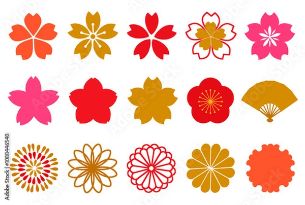 Obraz 和　素材　年賀　正月　和風　アイコン　あしらい　セット　縁起物　飾り　桜　梅　菊　扇子　雪輪　花火　和柄　パーツ　スタンプ　ハンコ　華やか　高級感　キラキラ　シンプル　新春　広告　挿絵