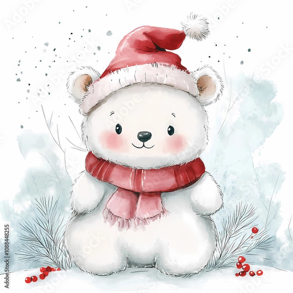 Obraz Cute Polar Bear with Santa Hat, Winter Design for Kids' Rooms and Festive Decor, generated ai