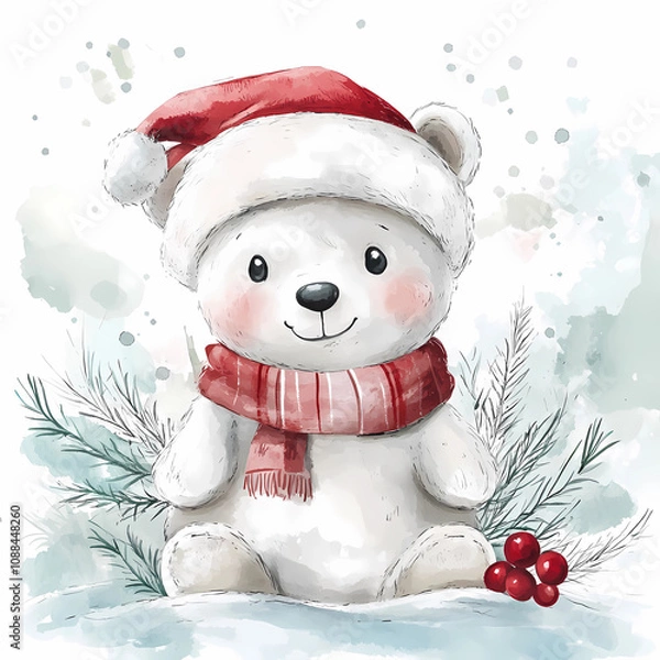 Obraz Cute Polar Bear with Santa Hat, Winter Design for Kids' Rooms and Festive Decor, generated ai