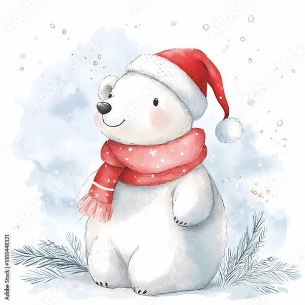 Obraz Cute Polar Bear with Santa Hat, Winter Design for Kids' Rooms and Festive Decor, generated ai