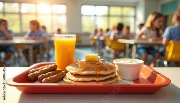 Obraz Breakfast tray with pancakes and juice in school cafeteria