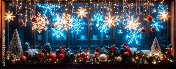 Fototapeta The joyous holiday crowd dances beneath the glittering city lights at the Christmas Eve concert