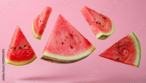 Fototapeta Slices of fresh juicy watermelon falling on pink background. ai generated
