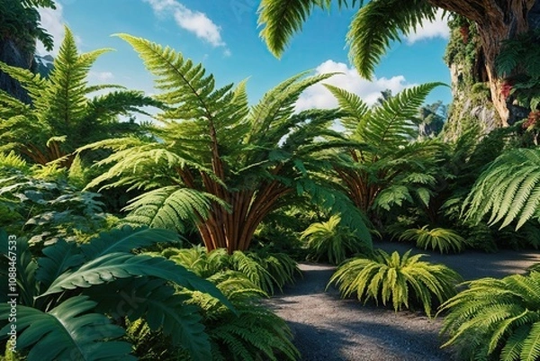 Fototapeta Realistic 3D Visualization of Tropical Ferns in Lush Natural Environments