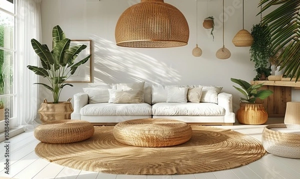 Fototapeta This stylish living space features a cozy white sofa and natural elements, creating a bright area filled with warmth, perfect for relaxation and creativity