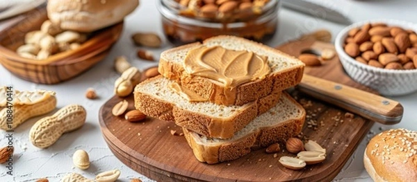 Fototapeta Peanut Butter Toast with Nuts on Wooden Board