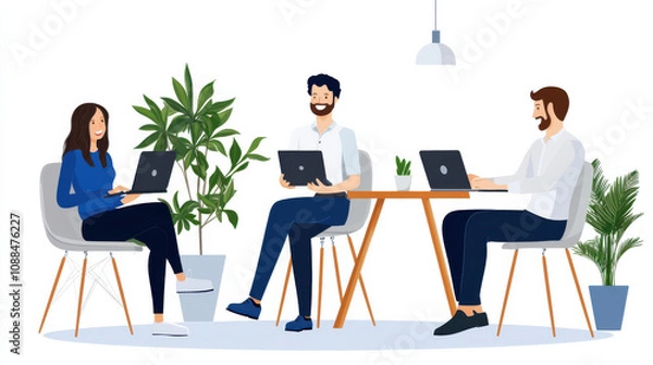 Fototapeta team of employees happily collaborating in modern office setting