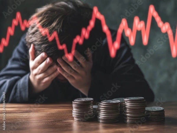Obraz Young man sitting at a table struggling with financial problems as he faces a declining graph and a stack of coins symbolizing economic stress and anxiety