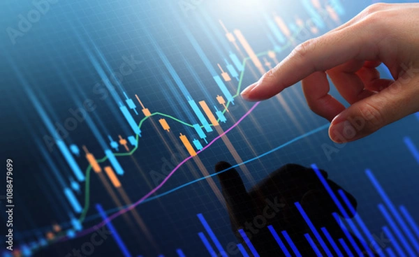 Fototapeta Stock market trading chart and analyzing investment opportunity. Broker touching stock exchange price graphs.