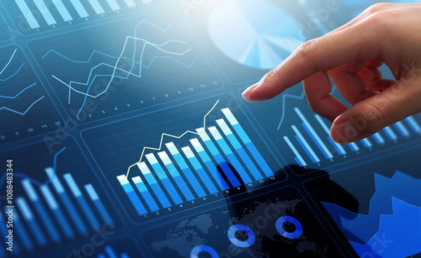 Fototapeta Marketing analytics and statistical customer data. Analyst touching KPI graph on dashboard.