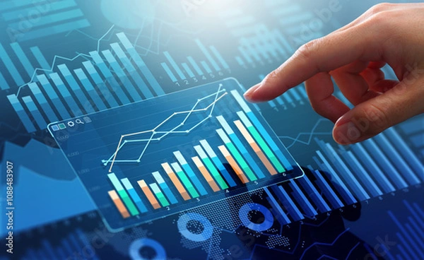 Fototapeta Graphs and reports about business data analysis. Technology for marketing and finance management strategy. Manager touching growth graph on analytics dashboard.
