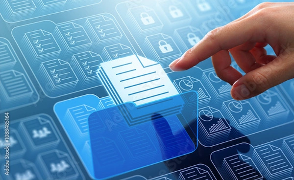 Fototapeta Document management system DMS in business. Digital file archive storage technology. Businessman touching file icon on many folders.