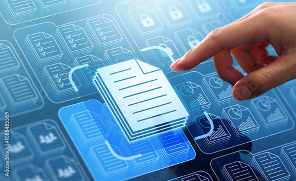 Fototapeta Document management system DMS in business. Digital file database technology. Businessman touching file icon on many folders.