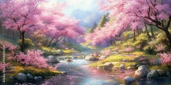 Fototapeta Cherry blossoms known as Somei Yoshino bloom vibrant along a serene stream during spring, creating a picturesque scene filled with the beauty of cherry blossoms in nature.
