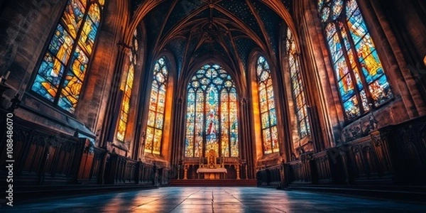 Fototapeta A historic church building featuring stunning stained glass windows. The architectural details of the church and stained glass windows create a captivating scene worth exploring.