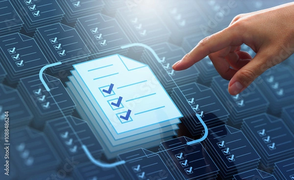 Fototapeta Business compliance of document management. Document or file icons and checkmark. Businessman stored documents on server according to law.