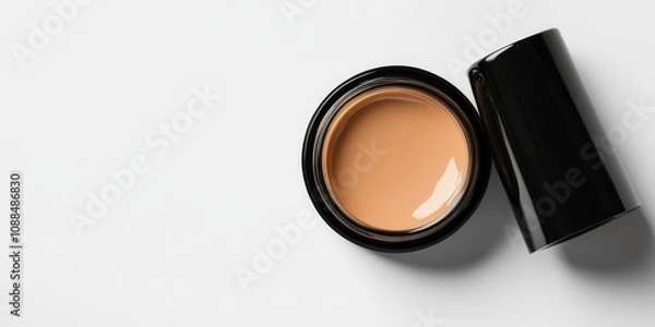Fototapeta Cosmetic foundation displayed in a close up view, featuring an opened bottle or jar showcasing liquid skin foundation on a white backdrop. Explore the makeup concept of cosmetic foundation, including