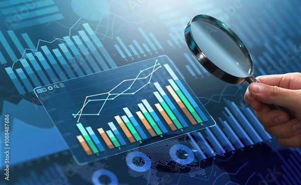Obraz Market analysis and business strategy. Financial and statistical data dashboard.Analyst magnifying graphs and charts.