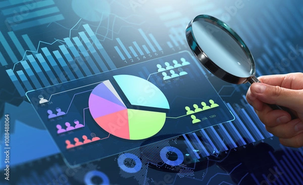 Fototapeta Digital and internet marketing analytics. Statistics data of market and customer research. Magnifying circle chart and graphs.