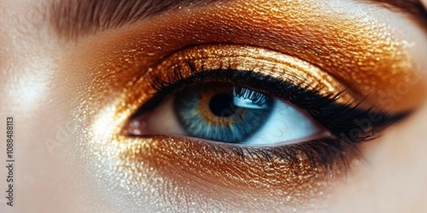 Fototapeta Close up macro perspective of an eye showcasing stunning make up. This beautiful make up enhances the eye s features, highlighting the artistry and detail in eye make up application.
