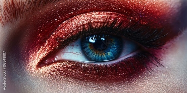 Fototapeta Close up macro perspective of an eye showcasing stunning make up. This beautiful make up enhances the eye s features, highlighting the artistry and detail in eye make up application.