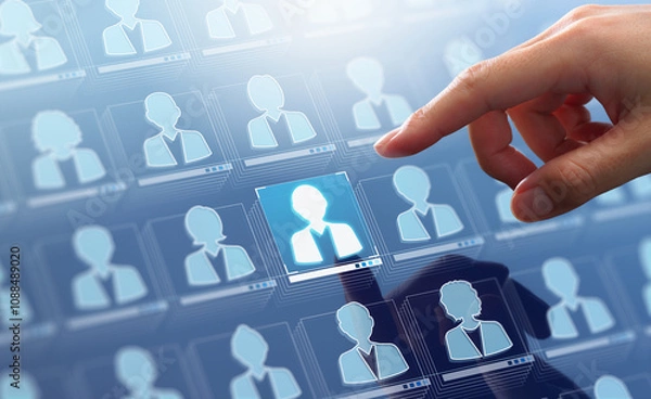 Fototapeta Customer relationship management CRM concept. Customer data and marketing database system. Businessman touching customer icon.