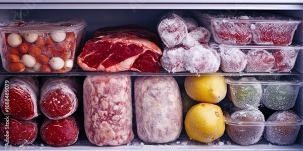 Fototapeta Frozen meat and an assortment of frozen foods stored in a deep freeze ensure protection against the heat. This frozen food storage is essential for maintaining freshness and quality.