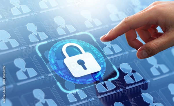 Fototapeta Customer information and personal data protection. Internet security system. Businessman touching padlock icon.