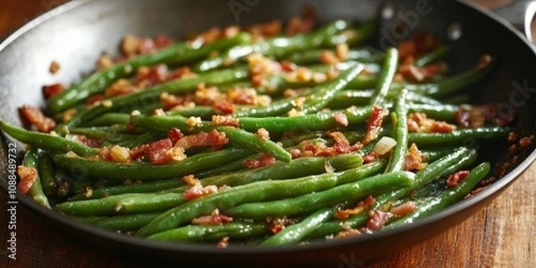Fototapeta Delicious sauteed green beans cooked with crispy bacon, savory onion, and crunchy bread crumbs in a steel frying pan create a mouthwatering dish featuring healthy sauteed green beans.