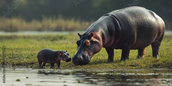 Fototapeta A female hippopotamus and her calf are seen grazing on the riverbanks. While hippos are known to graze at night, they often feed during the day, making it essential to stay cautious around them.