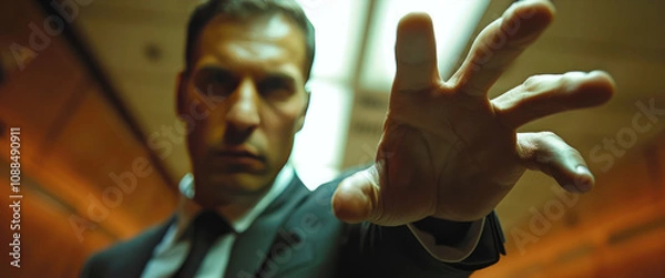 Fototapeta business man reach out hand in front blur background catch grab clutch boss manager ambition to promoted sinfulness