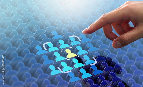 Fototapeta Target market or audience. Marketing segmentation strategy and plan. Marketer touching client icon.