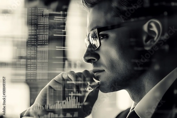 Fototapeta A Man Contemplates Data Streams and Financial Charts