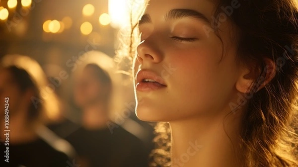 Fototapeta Close-up of choir members singing with eyes closed, faces filled with peace and devotion, the altar of the cathedral visible in the background, sunlight creating a soft, warm glow, cinematic focus,