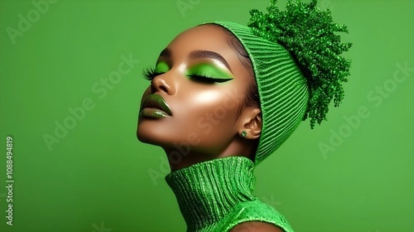 Fototapeta Elegant Black woman with full figure, dressed in green with nature-inspired makeup, green background creating harmony