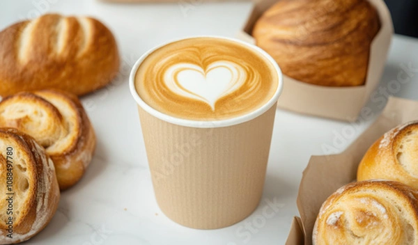 Fototapeta Coffee barista and bakery. Minimalist latte preparation with heart design and fresh pastries