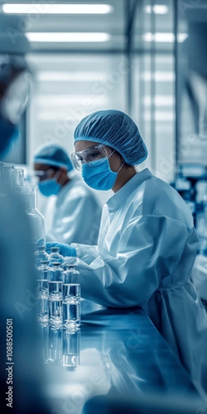 Fototapeta pharmaceutical production line, workers in lab coats and masks . AI generative.