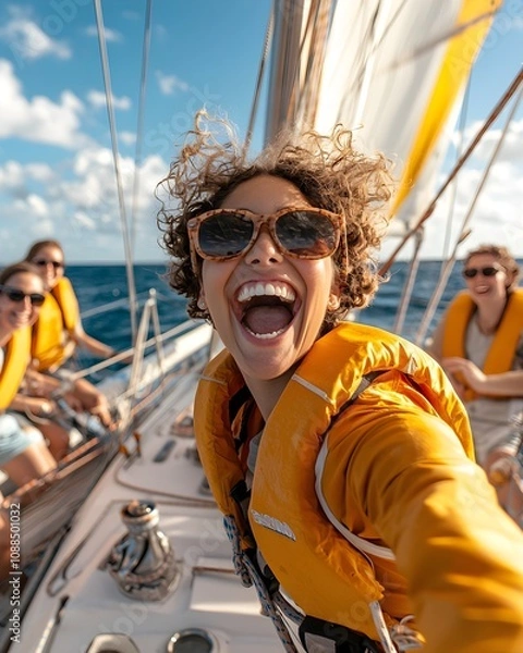 Fototapeta Group of diverse friends laughing and enjoying time on a sailing boat, Black woman smiling at the center, sunlit summer atmosphere, clear ocean views