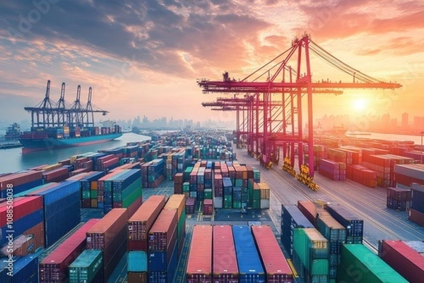 Fototapeta A bustling shipping port at sunset with stacked containers and cranes.