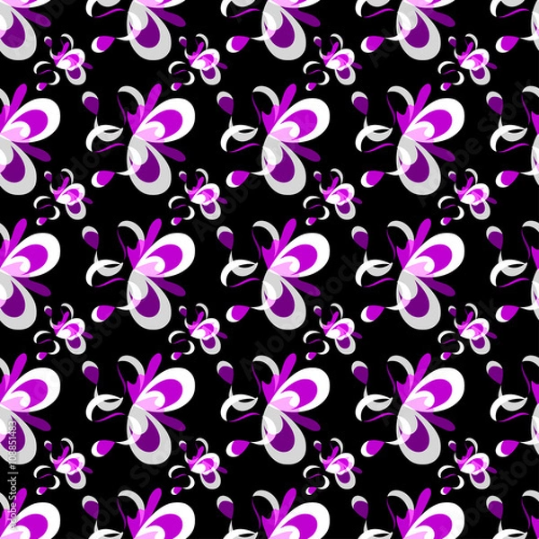 Fototapeta purple abstract flowers on a black background seamless pattern