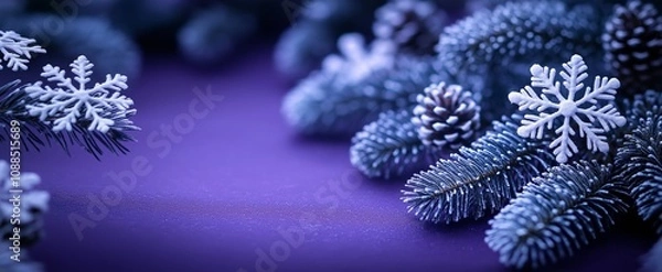 Obraz Winter decorations with artificial snowflakes and pinecones on a purple background in a festive setting. Christmas card with empty space for greetings