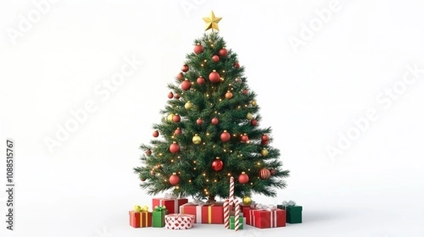 Obraz 3D Render of Decorated Cartoon Style Christmas Tree with Colorful Ornaments


