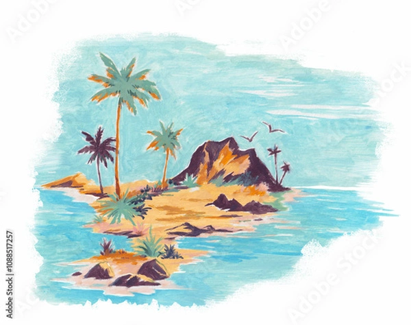 Obraz Beautiful tropical landscape with hand drawn paradise islands with mountains and palm trees on beaches with ocean and clouds in sky. Ready tropical print design.
