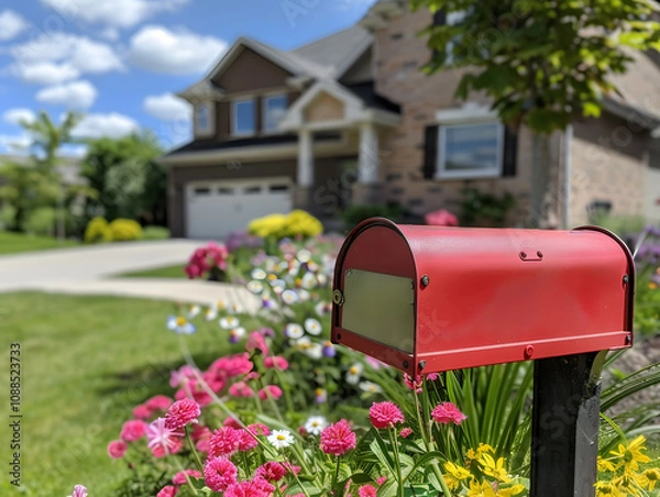 Fototapeta vibrant red mailbox stands in colorful garden filled with flowers, enhancing charming curb appeal of beautiful home