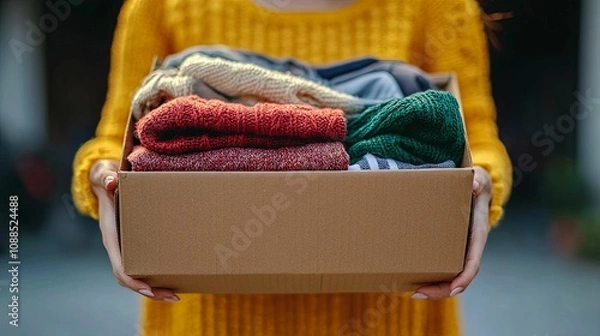 Obraz Woman Holds Box Of Donated Knit Winter Sweaters