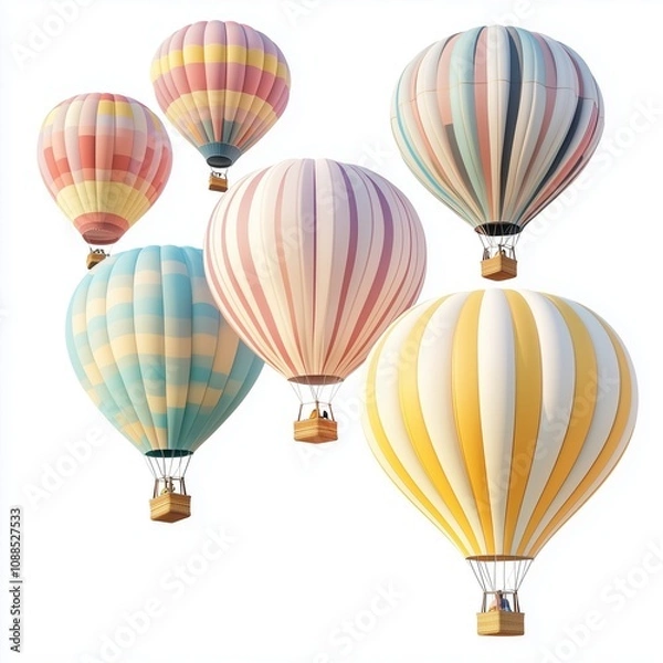 Fototapeta Hot air balloons of a cluster of hot air balloons in pastel shades, soaring gently, isolated on white.
