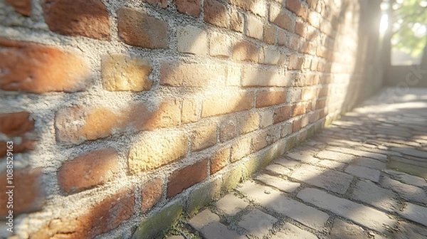 Fototapeta Brick Wall With Cobblestone Path 3D Illustration