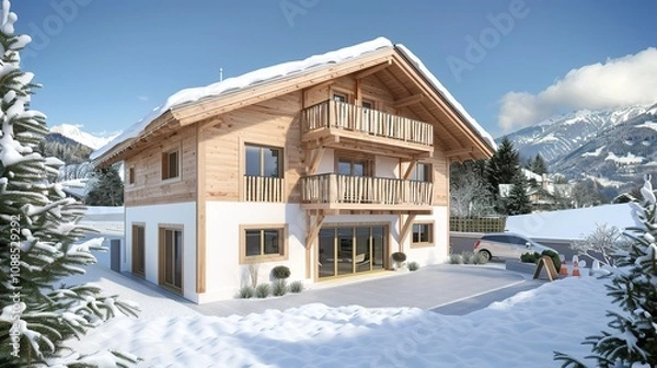 Fototapeta 3d_rendering_of_modern_cozy_house_in_chalet_style