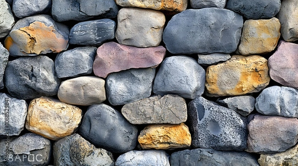 Fototapeta Stone Wall Texture Background - Closeup of Rough, Rounded Stones